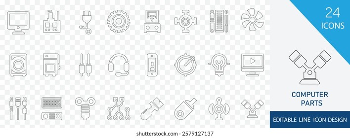 Computer parts thin line icon set.  containing headset, motherboard, cd, fan, headphone, hard drive and more stroke design  