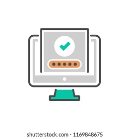Computer with passed verification. Vector illustration.