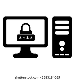 computer with password icon in trendy silhouette style design. Vector illustration isolated on white background.