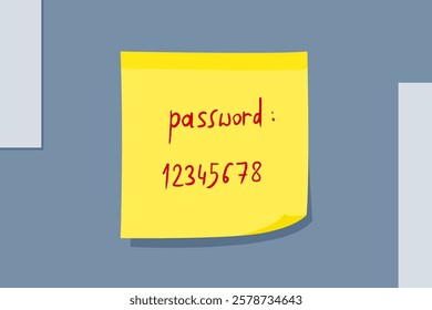 Computer password written down on paper. Yellow sticky note message. Paper sign.