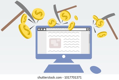 A computer PC is being mined while someone is in internet or social networks