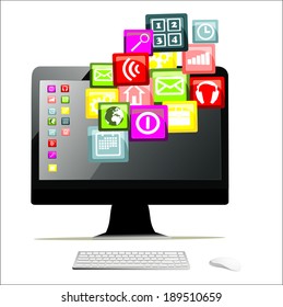 Computer pc with cloud of colorful application