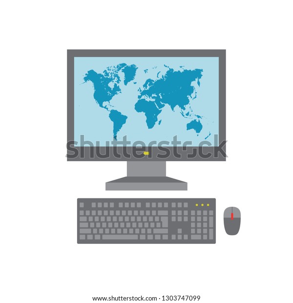 Computer PC - concept icon in flat graphic design style.\
World map on monitor screen. Keyboard and mouse. Vector\
illustration. 
