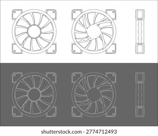 Computer PC Cooling Fan Orthographic Multi-View Technical Drawing Blueprint Set
