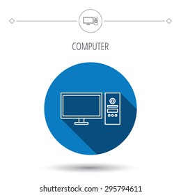Computer PC icon. Widescreen display sign. Blue flat circle button. Linear icon with shadow. Vector