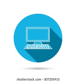 Computer PC icon. Widescreen display sign. Blue flat circle button with shadow. Vector