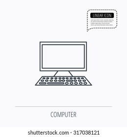 Computer PC icon. Widescreen display sign. Linear outline icon. Speech bubble of dotted line. Vector