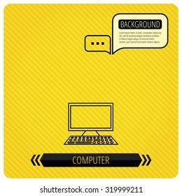 Computer PC icon. Widescreen display sign. Chat speech bubbles. Orange line background. Vector