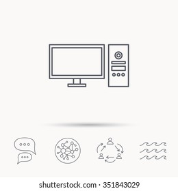 Computer PC icon. Widescreen display sign. Global connect network, ocean wave and chat dialog icons. Teamwork symbol.