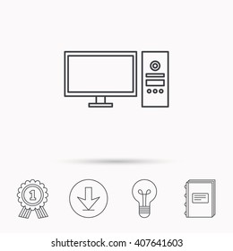 Computer PC icon. Widescreen display sign. Download arrow, lamp, learn book and award medal icons.