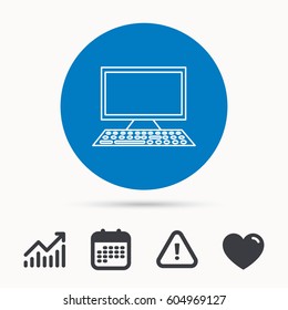 Computer PC icon. Widescreen display sign. Calendar, attention sign and growth chart. Button with web icon. Vector
