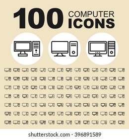 Computer and PC icons. Display pictogram. Monitor vector graphic. Technology design collection.
