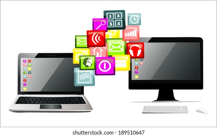 Computer pc and laptop with cloud of colorful application