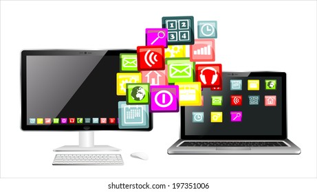 Computer pc and laptop with cloud of colorful application