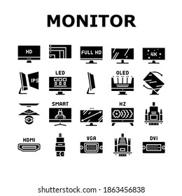 Computer Pc Monitor Collection Icons Set Vector. Full Hd And 4k Resolution, Oled, Ips And Led Display, Hdmi, Vga And Dvi Computer Screen Port Glyph Pictograms Black Illustrations