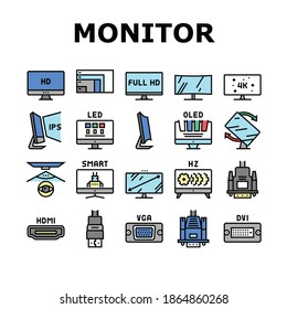 Computer Pc Monitor Collection Icons Set Vector. Full Hd And 4k Resolution, Oled, Ips And Led Display, Hdmi, Vga And Dvi Computer Screen Port Concept Linear Pictograms. Contour Illustrations