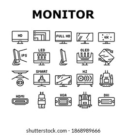 Computer Pc Monitor Collection Icons Set Vector. Full Hd And 4k Resolution, Oled, Ips And Led Display, Hdmi, Vga And Dvi Computer Screen Port Black Contour Illustrations