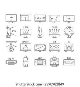 Computer Pc Monitor Collection Icons Set Vector. Full Hd And 4k Resolution, Oled, Ips And Led Display, Hdmi, Vga And Dvi Computer Screen Port Black Contour Illustrations