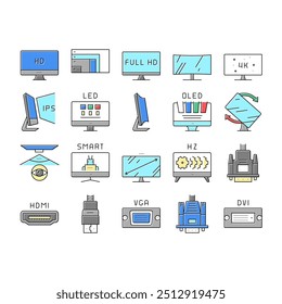 Conjunto De Ícones De Coleção Do Monitor Do Computador Pc Definido Como Vetor. Resolução Total De Hd E 4k, Oled, Ips E Tela Led, Hdmi, Vga E Dvi Computer Screen Port Conceito De Pictogramas Lineares. Ilustrações de contorno