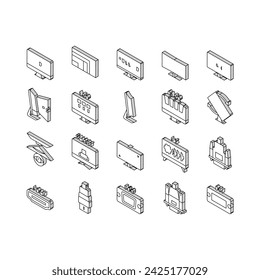 Computer Pc Monitor Collection isometric icons set. Full Hd And 4k Resolution, Oled, Ips And Led Display, Hdmi, Vga And Dvi Computer Screen Port Concept Linear Pictograms. Contour .