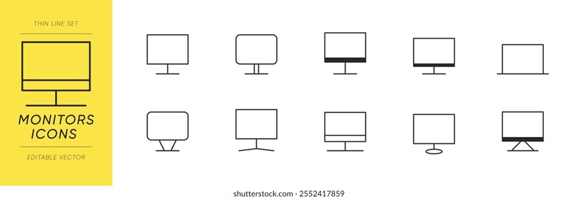 Ícones do monitor do PC do computador, tela de monitor de linha fina plana isolada do vetor definida para símbolo da Web.