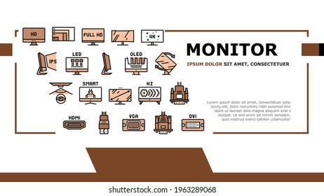 Computer Pc Monitor Landing Web Page Header Banner Template Vector. Full Hd And 4k Resolution, Oled, Ips And Led Display, Hdmi, Vga And Dvi Computer Screen Port Illustration