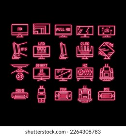 Computer Pc Monitor neon light sign vector. Full Hd And 4k Resolution, Oled, Ips And Led Display, Hdmi, Vga And Dvi Computer Screen Port Illustrations