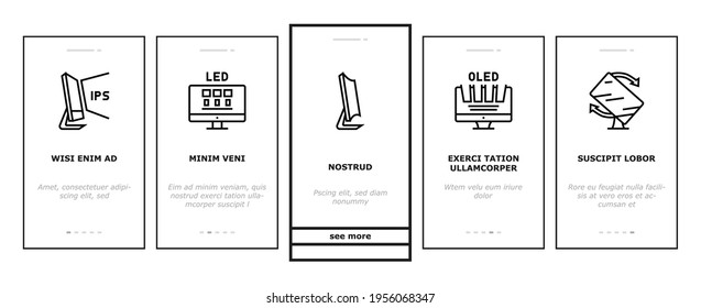 Computer Pc Monitor Onboarding Mobile App Page Screen Vector. Full Hd And 4k Resolution, Oled, Ips And Led Display, Hdmi, Vga And Dvi Computer Screen Port Illustrations