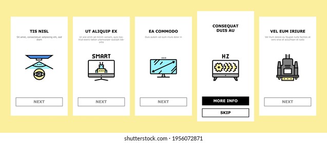 Computer Pc Monitor Onboarding Mobile App Page Screen Vector. Full Hd And 4k Resolution, Oled, Ips And Led Display, Hdmi, Vga And Dvi Computer Screen Port Illustrations