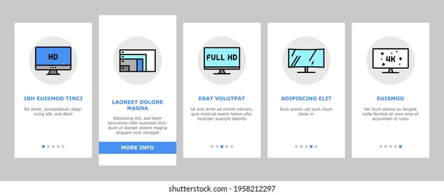 Computer Pc Monitor Onboarding Mobile App Page Screen Vector. Full Hd And 4k Resolution, Oled, Ips And Led Display, Hdmi, Vga And Dvi Computer Screen Port Illustrations