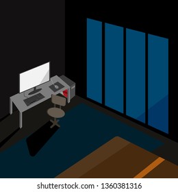 computer PC on the desk or table in the bedroom and with big window on Night
