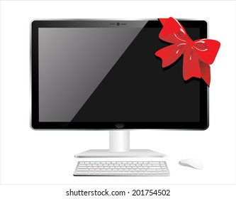 Computer pc with ribbons and bow  sale signs.