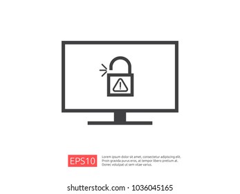 computer PC screen with open padlock attention icon exclamation warning alert sign. account access security banner concept. safe secure of personal access, user authorization, VPN internet protection.