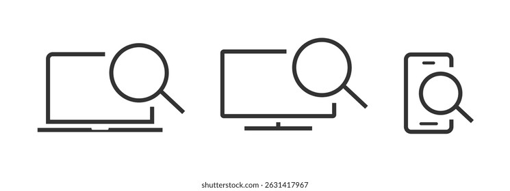 Computer pc search icon, cell phone inspect analysis sign symbol line stroke vector, desktop tv screen find proof review pictogram thin linear logo, electronic device check test exam clip art set 