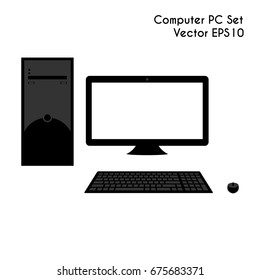 Computer PC set in flat design with black color. Vector of LCD desktop, keyboard, mouse, and CPU.
