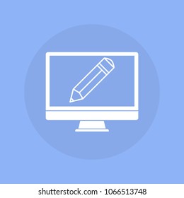 Computer with pen icon. Vector illustration