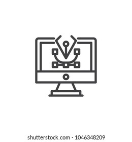 Computer pen tool on pc monitor screen outline icon. linear style sign for mobile concept and web design. Fountain pen nib simple line vector icon. Symbol, logo illustration