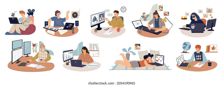 Computer people set with flat compositions of human characters using laptops and workstations in various situations vector illustration