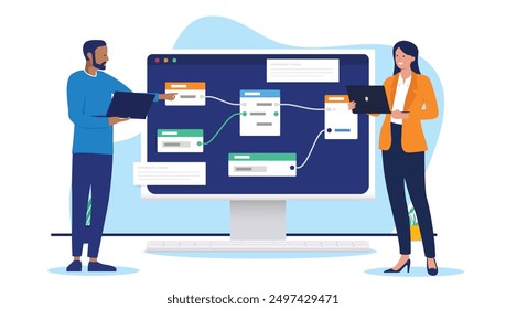 Computer people solving complex problem - Two developers working using node-based interface for scripting data science and software. Flat design vector illustration on white background