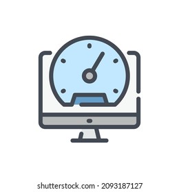 Icono de línea de color de rendimiento del equipo. PC con señal colorida del contorno del vector del salpicadero.