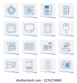 Computer  Performance and Equipment Icons on a piece of paper - Vector Icon Set