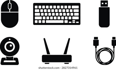 Computer peripherals and accessories icons: mouse keyboard usb drive webcam router cable