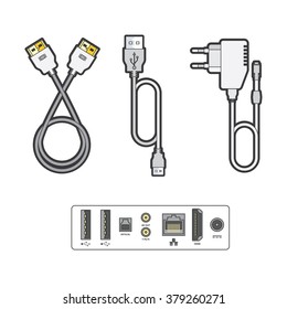 Computer peripherals: data cable, hdmi cable, power adapter. Connectors for Internet, video, audio, data cables. Detailed vector illustration.