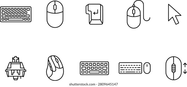 Computer peripherals icons set, keyboard, mouse, Enter key, cursor arrow, mechanical switch, ergonomic mouse, scroll movement