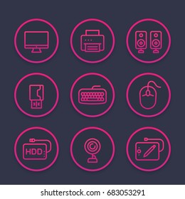 Computer peripherals line icons set