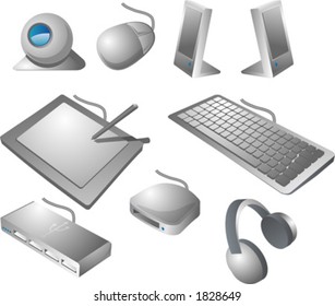 Computer peripherals: webcame, mouse, speakers, pen tablet, keyboard, usb hub, card reader, headphones. Vector isometric illustration