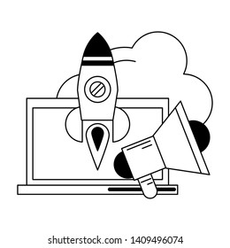 computer with peripone and rocket icon cartoon vector illustration graphic design