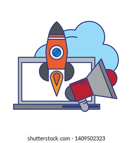 computer with peripone and rocket icon cartoon vector illustration graphic design