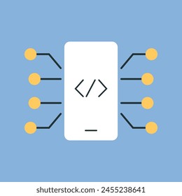 a computer. a person. ip. work. the icon. blue background. programming. write code. code. programmer. working with the code. write a program. The icon is flat.