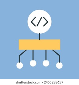 a computer. a person. ip. work. the icon. blue background. programming. write code. code. programmer. working with the code. write a program. The icon is flat.